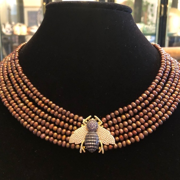 Jewelry - 6 Row Genuine Cultured Golden Pearl Necklace with Pave Bee